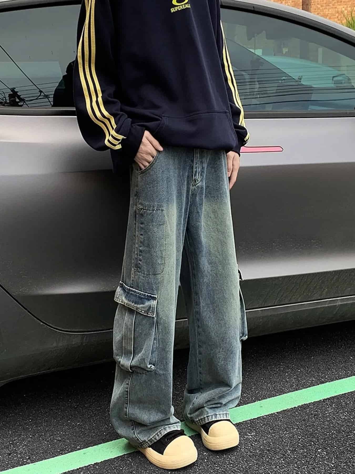 Men's Full Size Vintage Wash Wide Leg Cargo Jeans Plus Size