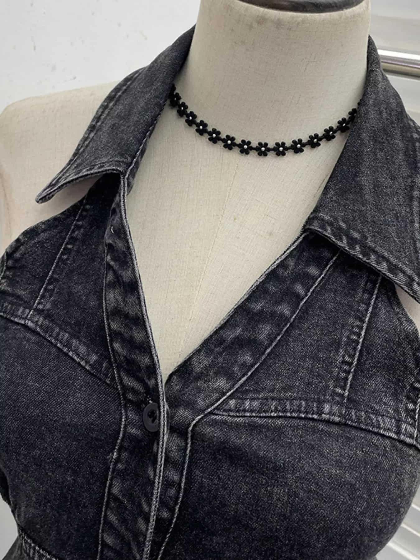 Smocked Denim Halter Collar Top
