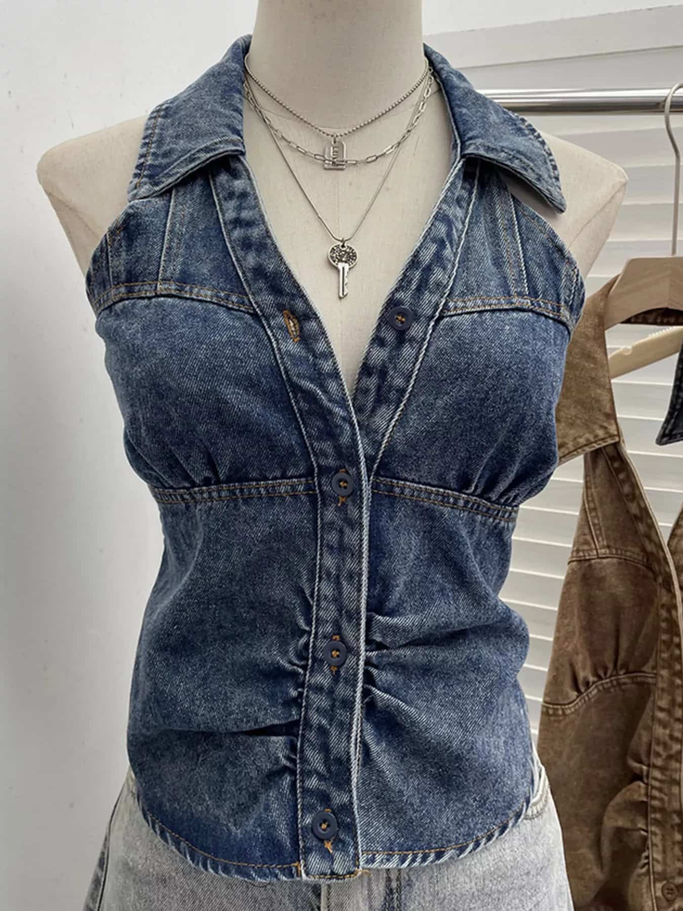 Smocked Denim Halter Collar Top