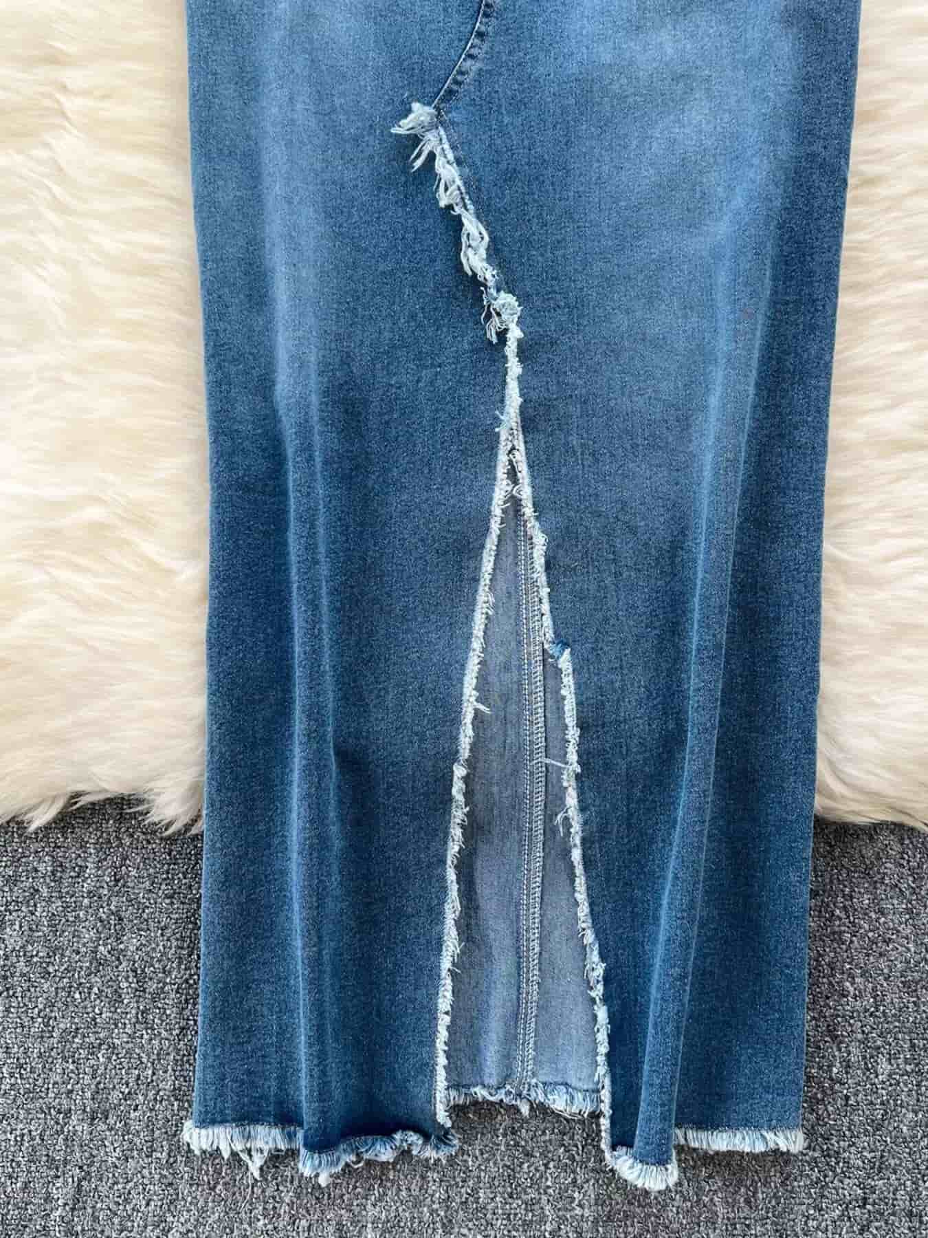 Sleeveless Frayed Hem Slit Denim Dress