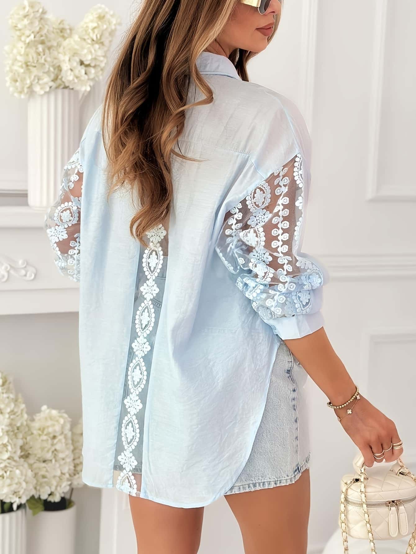 Womens Solid-Colored Casual Lace Embroidered Hollow-Out Long-Sleeve Shirt