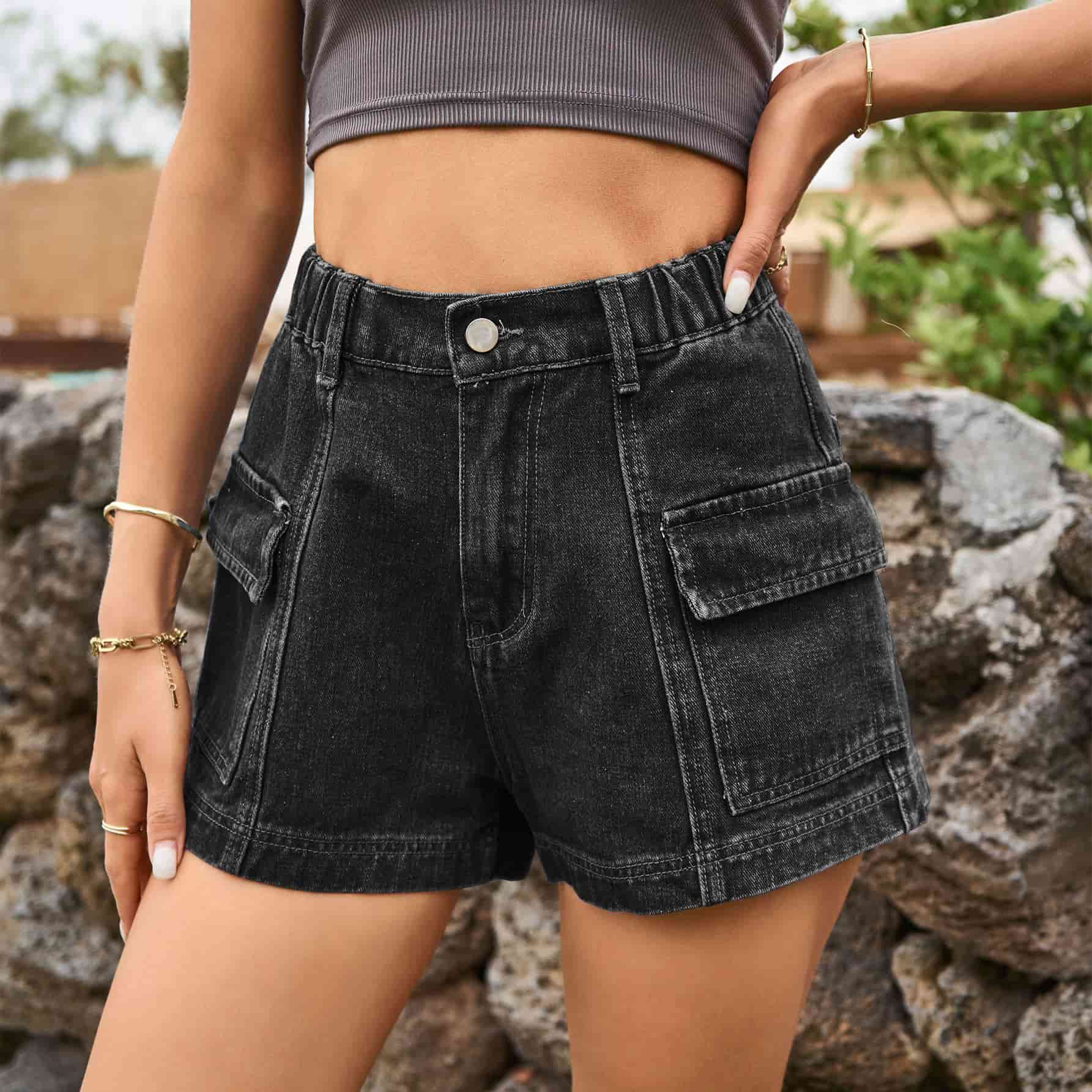 High Waist Denim Cargo Shorts