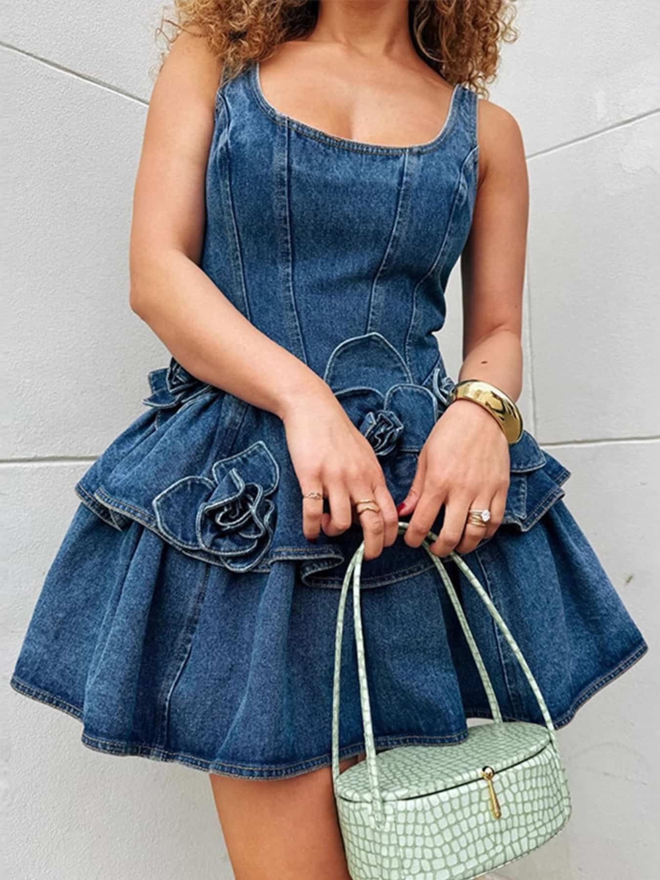 Floral Ruffle Layered Denim Dress