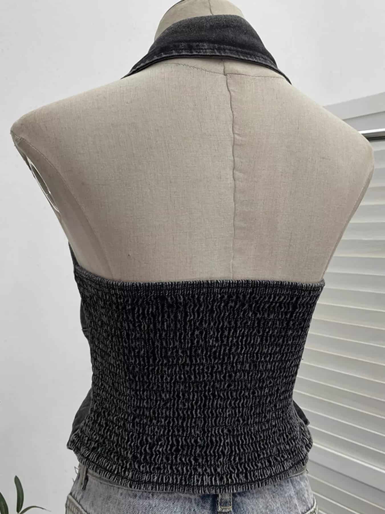 Smocked Denim Halter Collar Top