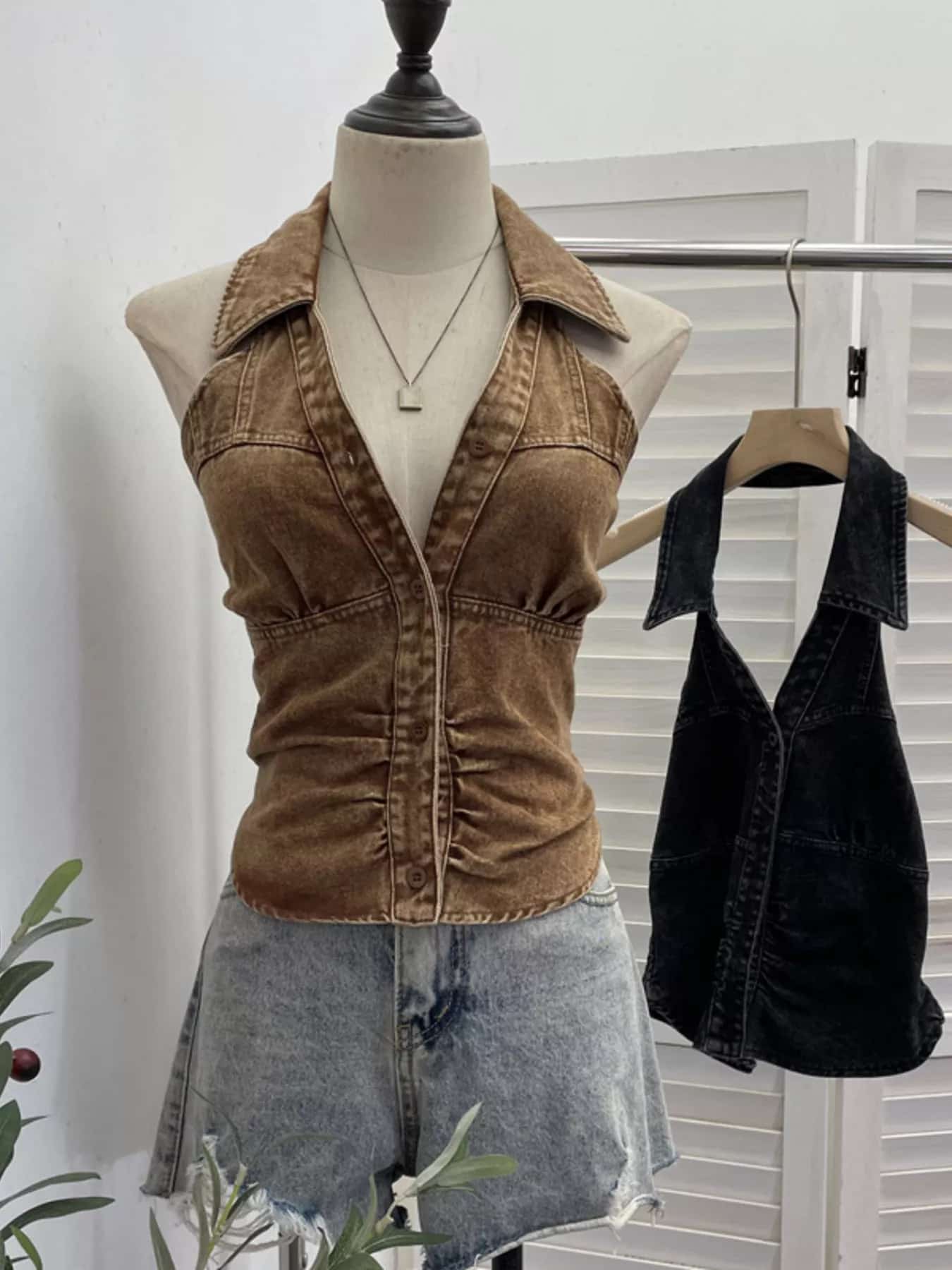 Smocked Denim Halter Collar Top