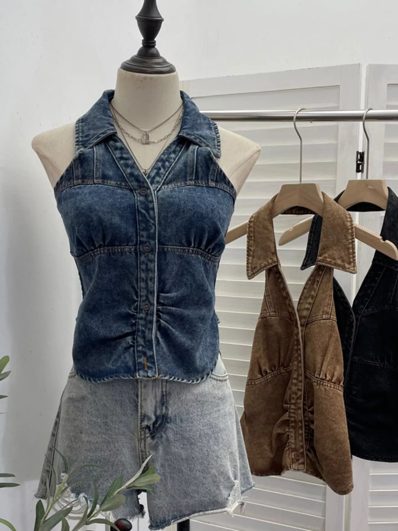 Smocked Denim Halter Collar Top