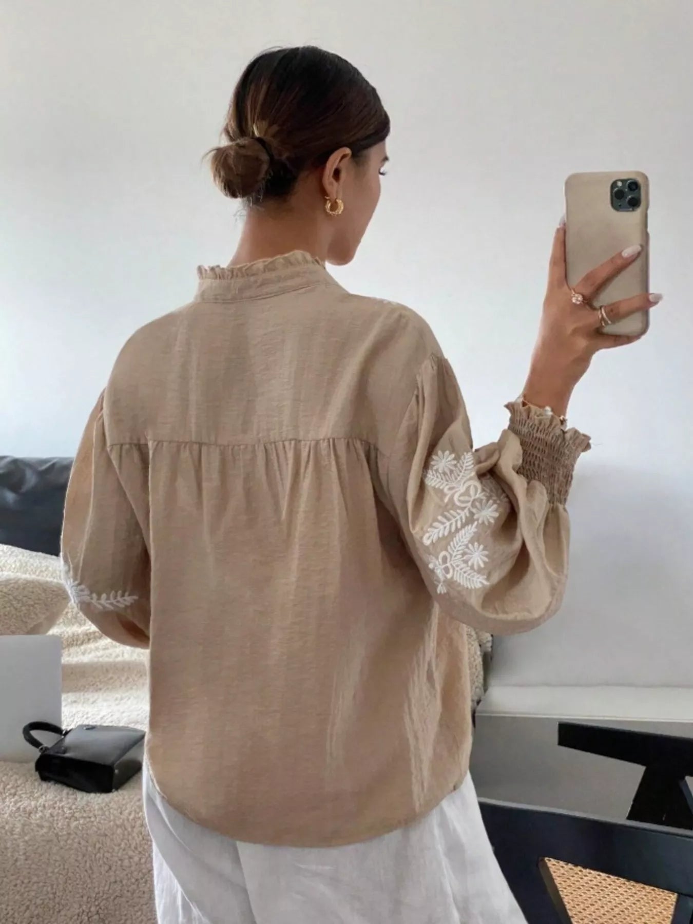 Apricot embroidered button front blouse angled profile elegant women's casual fashion