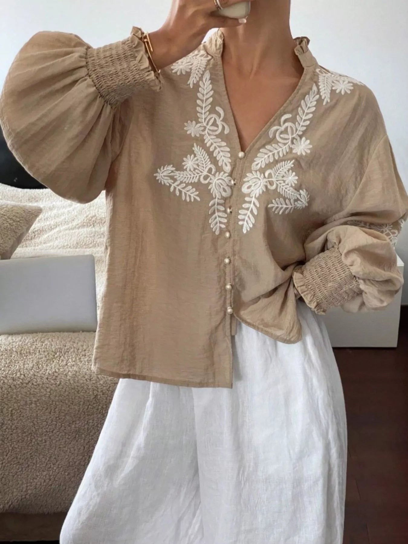 Apricot embroidered button front long sleeve blouse front view soft feminine women's top