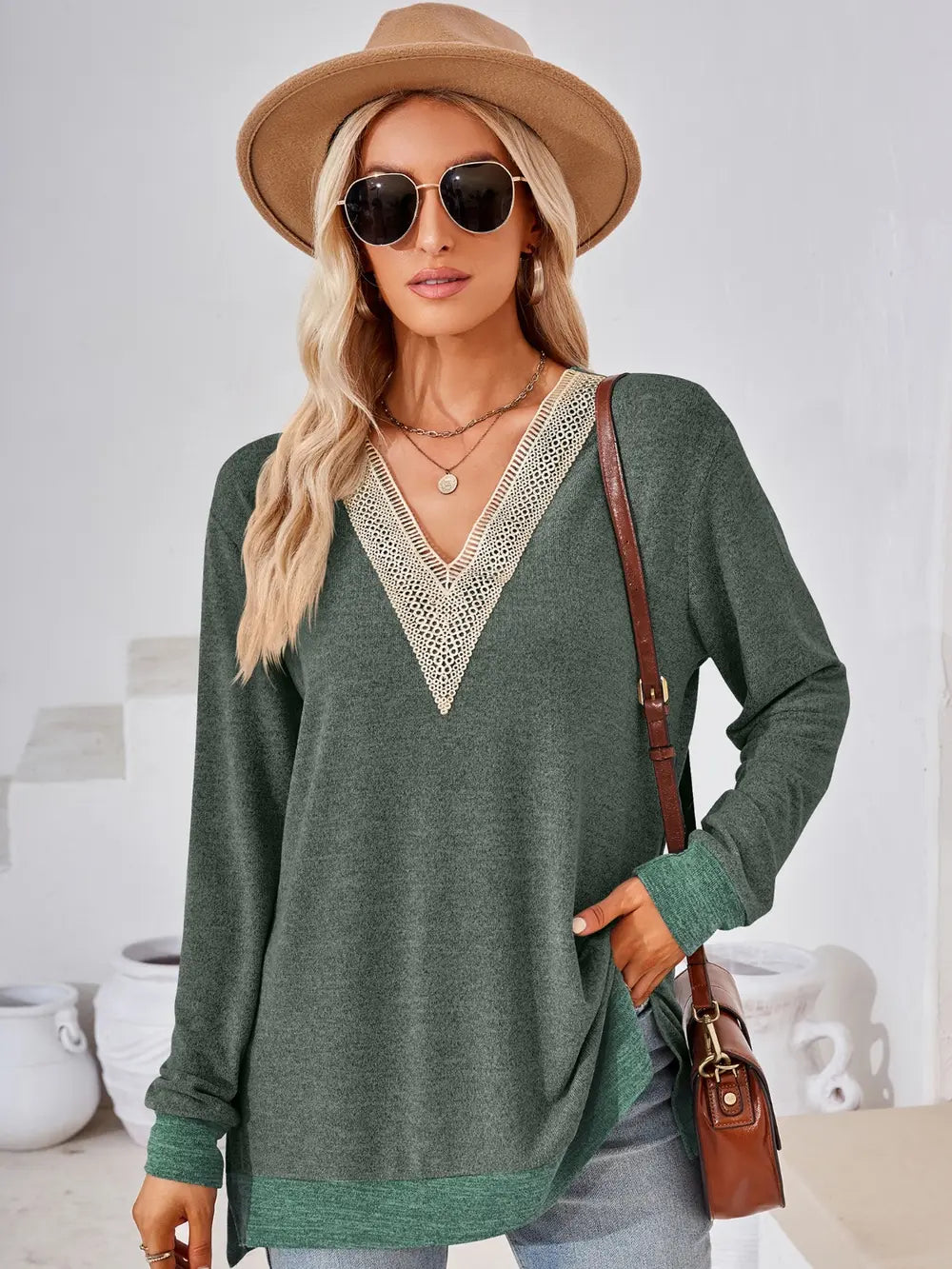 Army green crochet contrast V neck long sleeve top with decorative lace trim and side slits