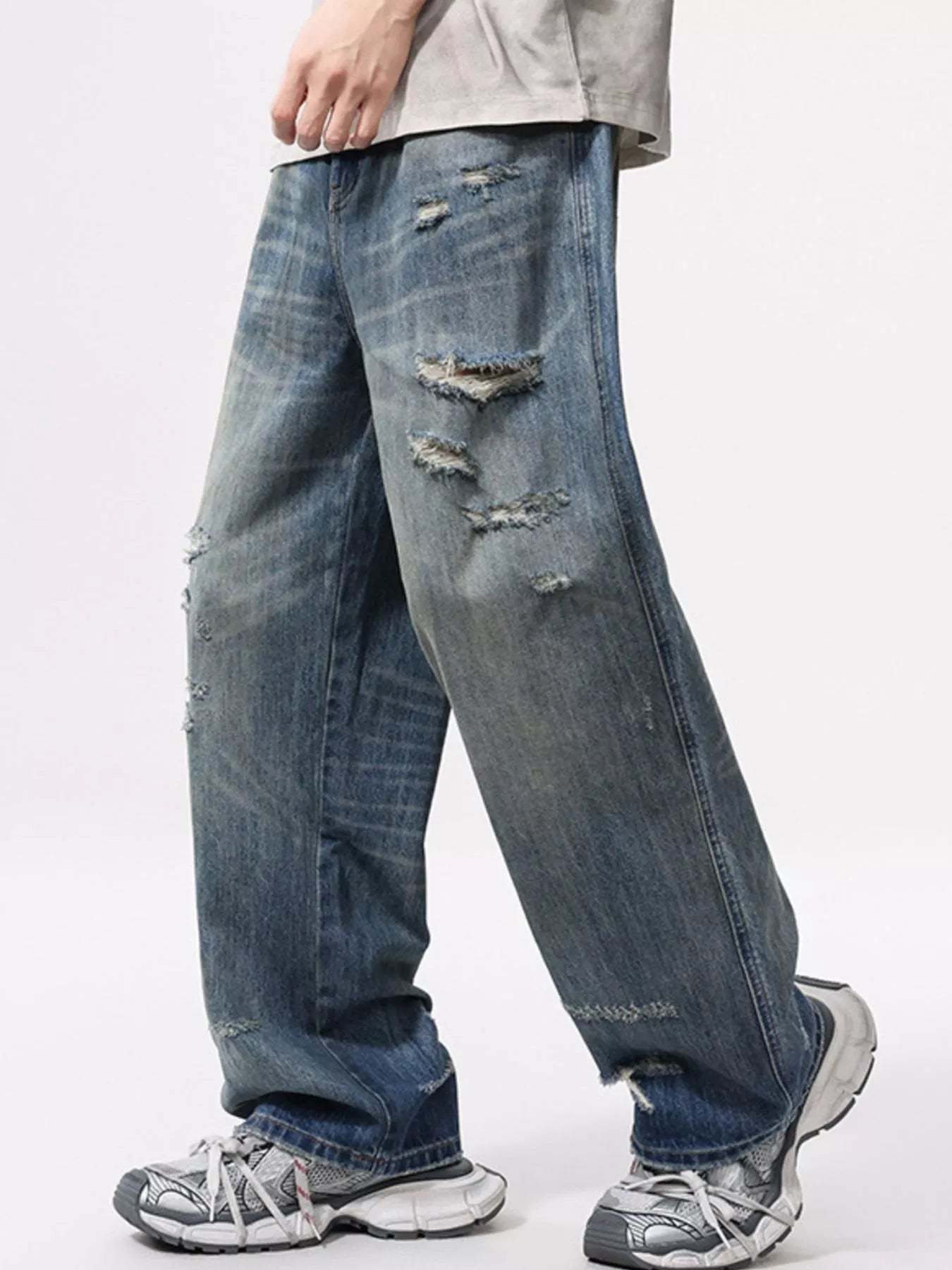 Baggy jeans mens distressed denim Nostalgic Blue plus size jeans