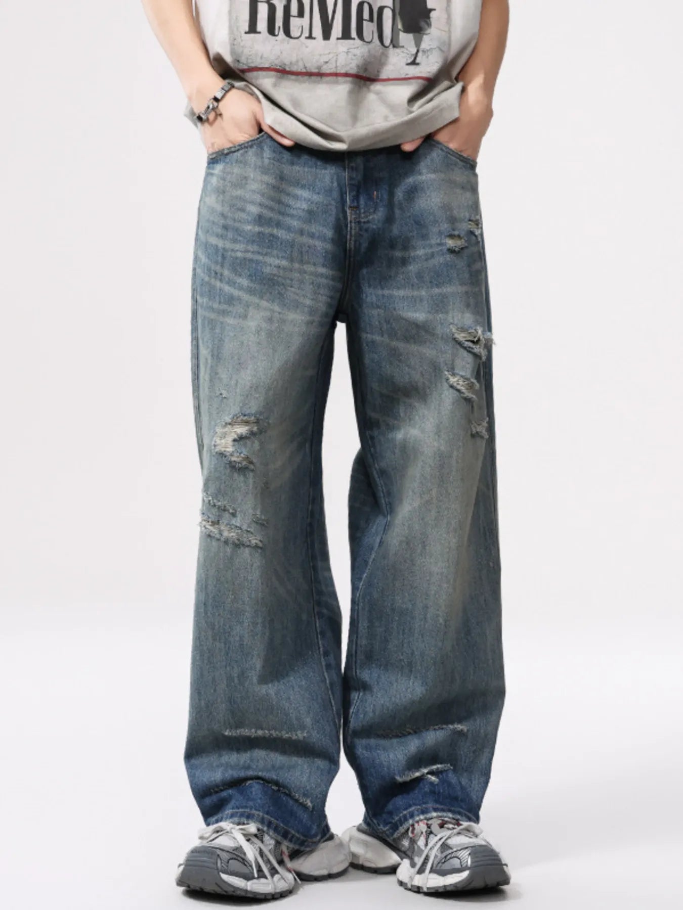 Baggy jeans mens distressed denim Nostalgic Blue plus size jeans