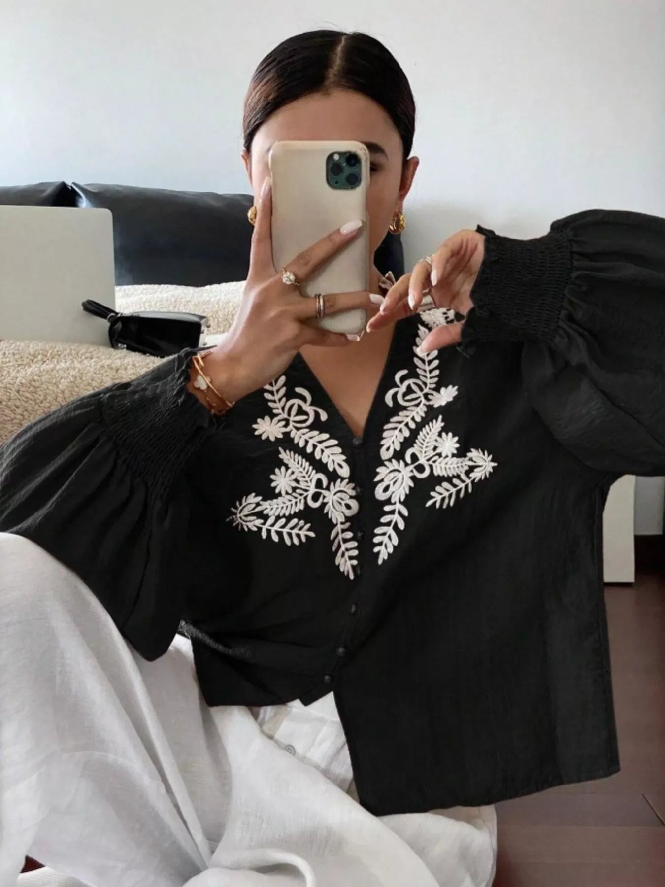 Black long sleeve embroidered blouse side profile versatile women's fashion top