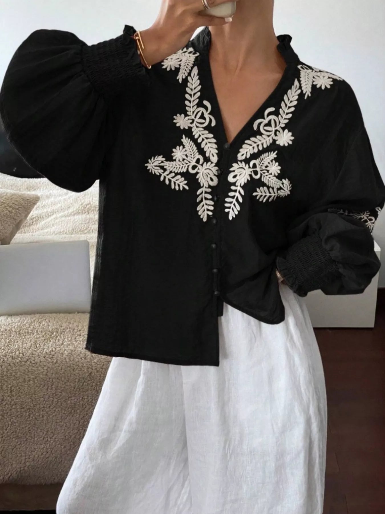 Black embroidered button front long sleeve blouse front view timeless women's wardrobe staple