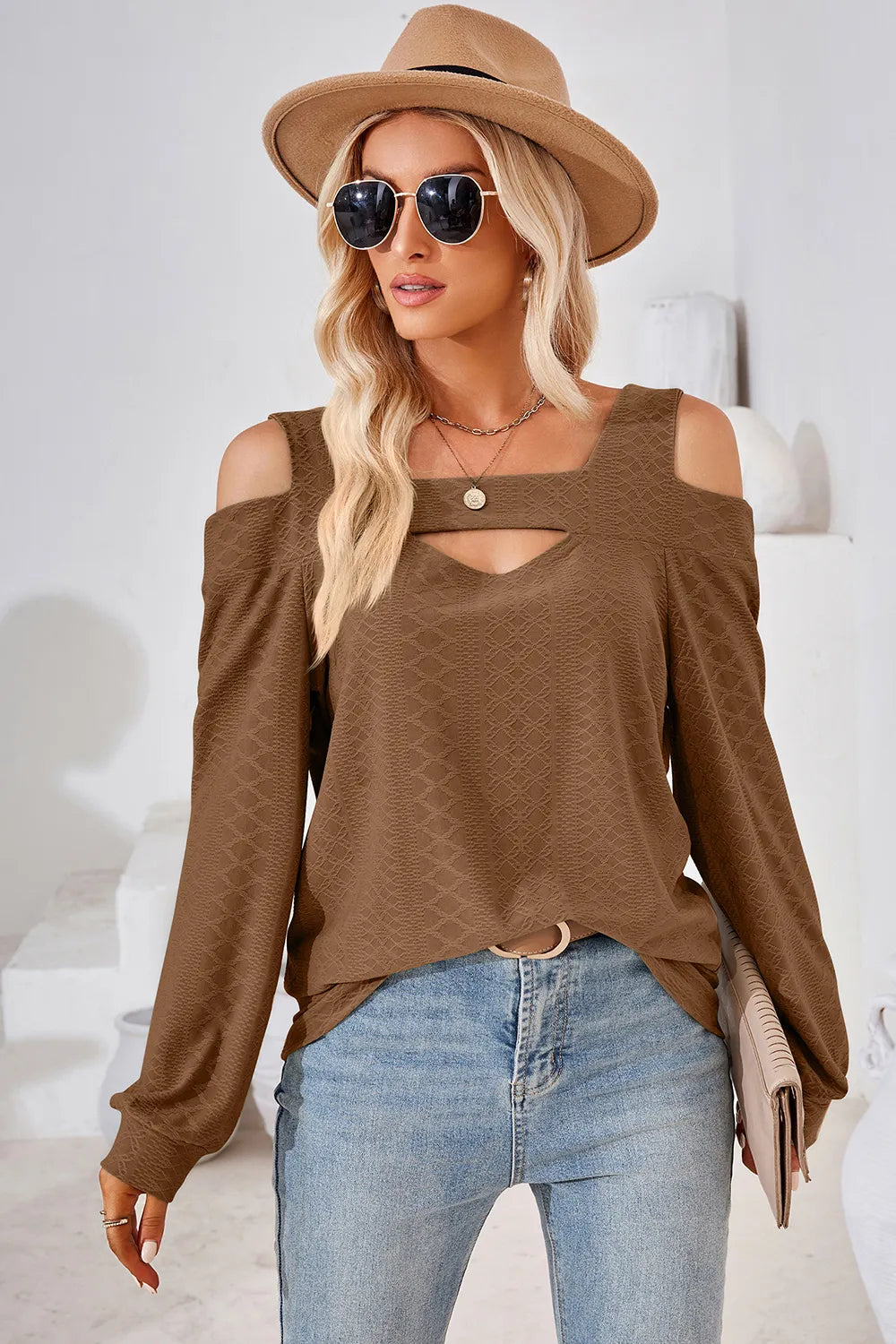 Brown long sleeve cold shoulder top featuring square neckline and stylish shoulder cut outs