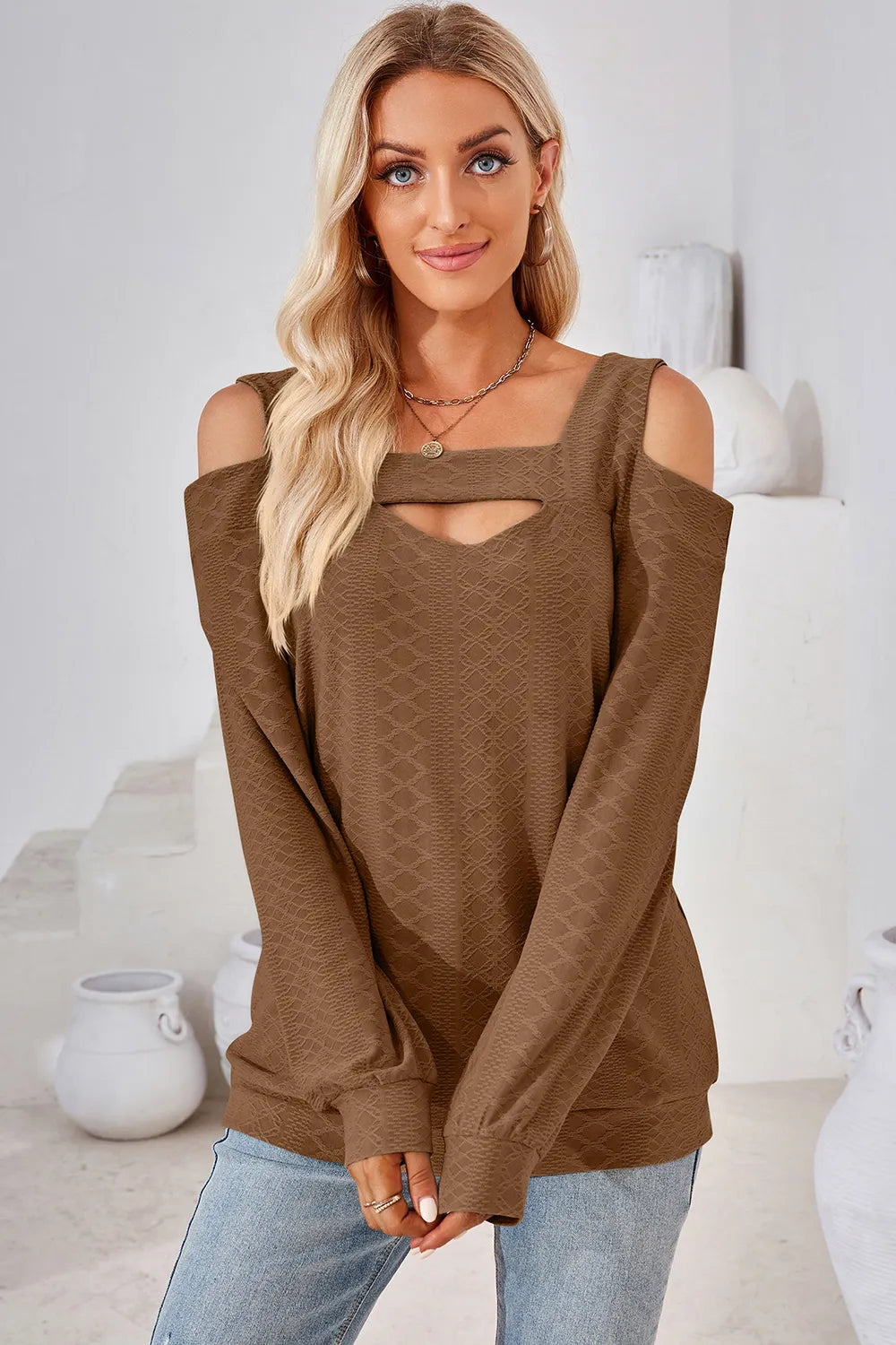 Brown cut out square neck cold shoulder top with long sleeves and modern feminine design