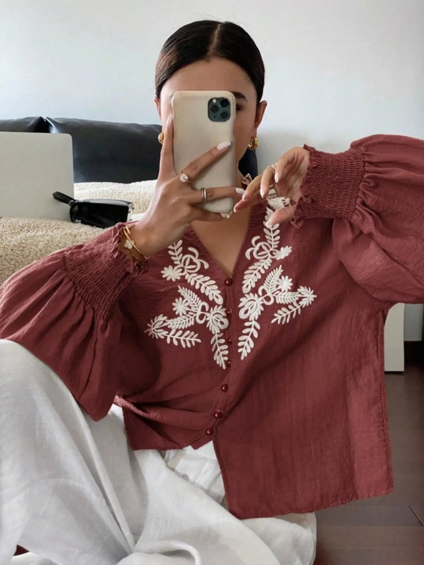 Burgundy long sleeve embroidered blouse side profile relaxed fit women's fashion top
