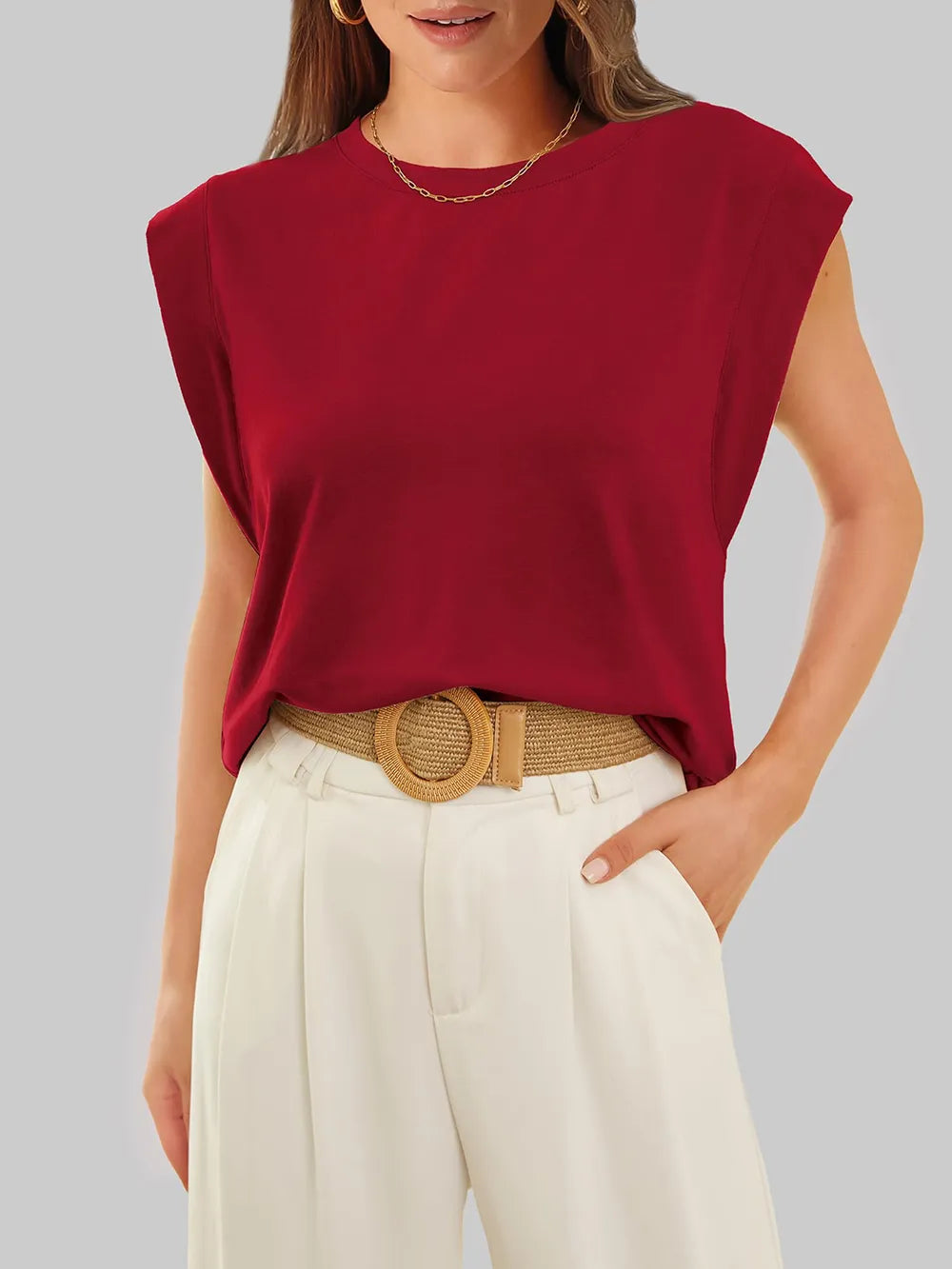 Burgundy cap sleeve round neck everyday t-shirt front view women's casual wear top
