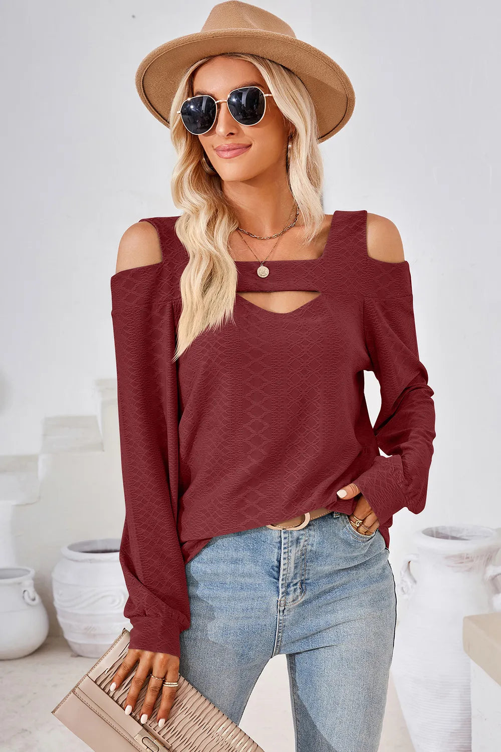 Burgundy square neck cold shoulder blouse designed for casual and smart casual outfits