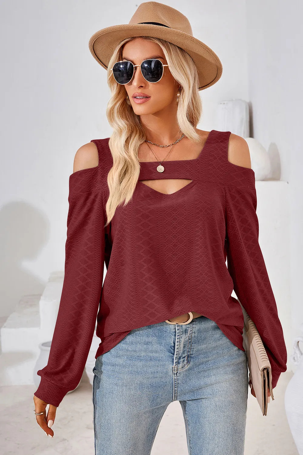 Burgundy cut out square neck cold shoulder top with long sleeves and flattering shape