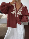 Burgundy embroidered button front long sleeve blouse front view elegant women's casual and smart casual top