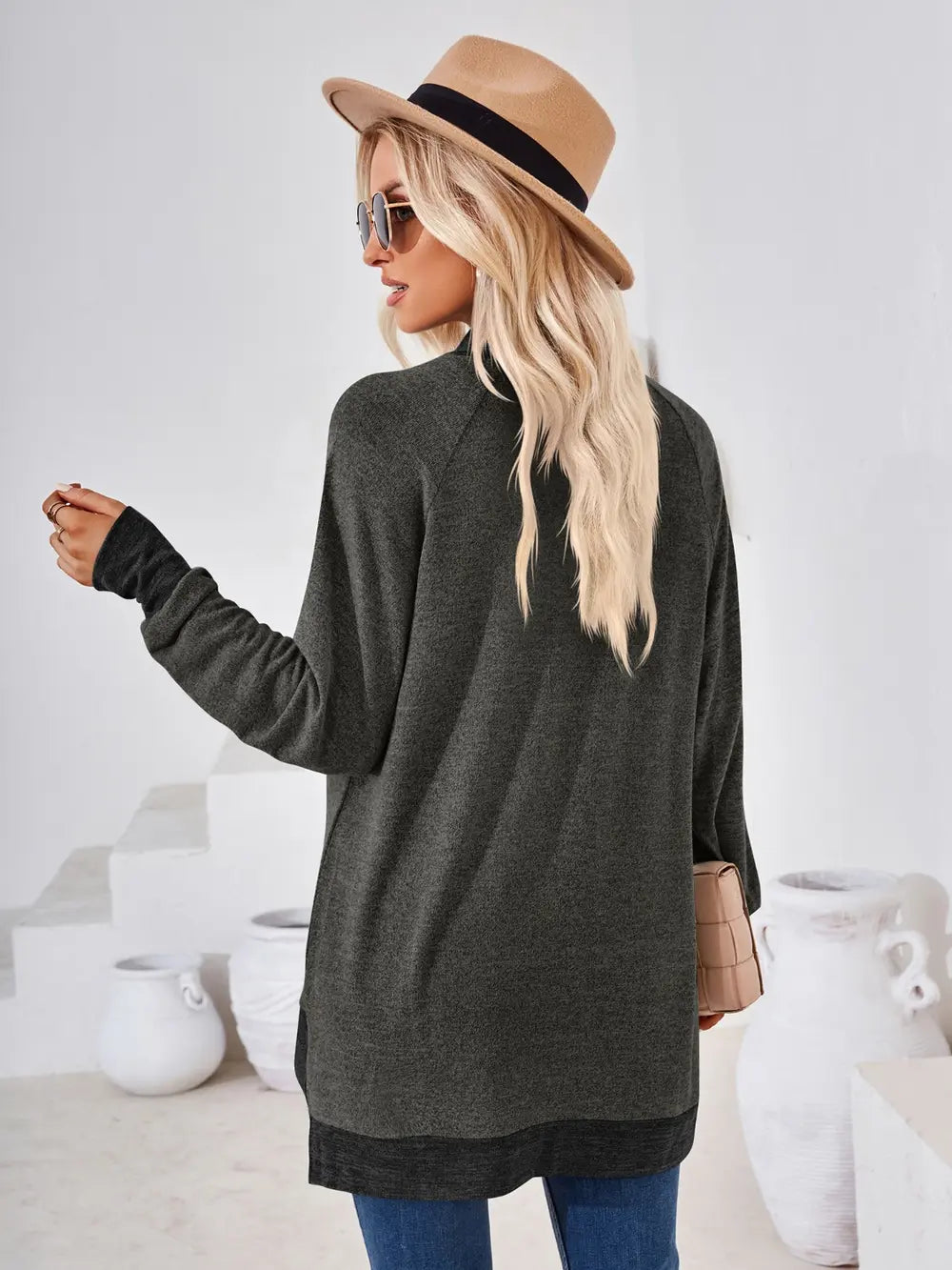 Charcoal contrast mock neck T-shirt Back View with soft fabric and everyday comfort
