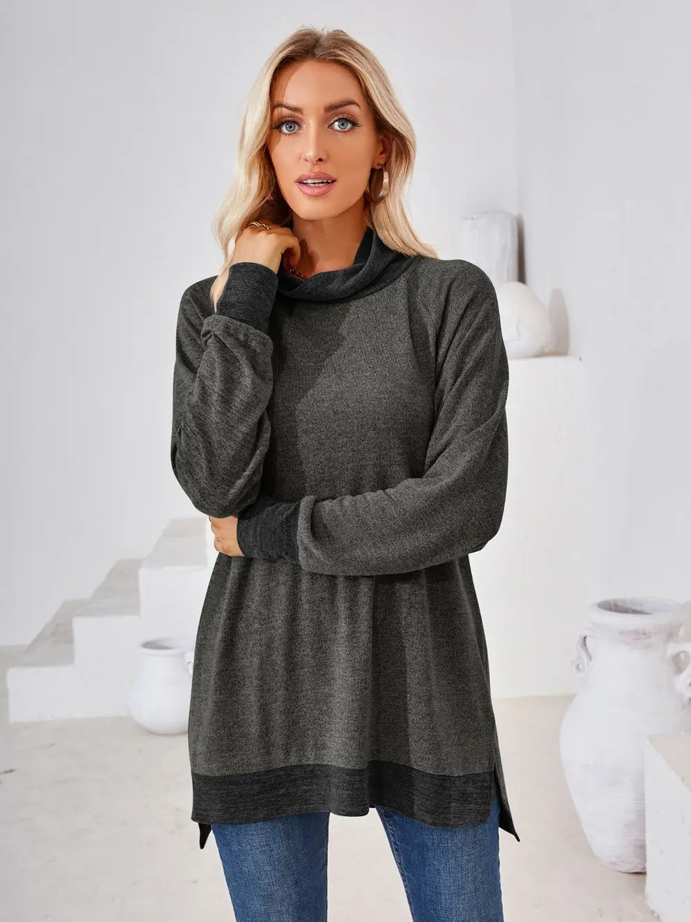Charcoal mock neck long sleeve T-shirt with contrast trim and modern casual fit