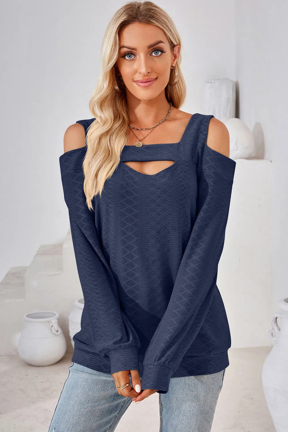 Dark blue square neck cold shoulder blouse designed for everyday casual wear