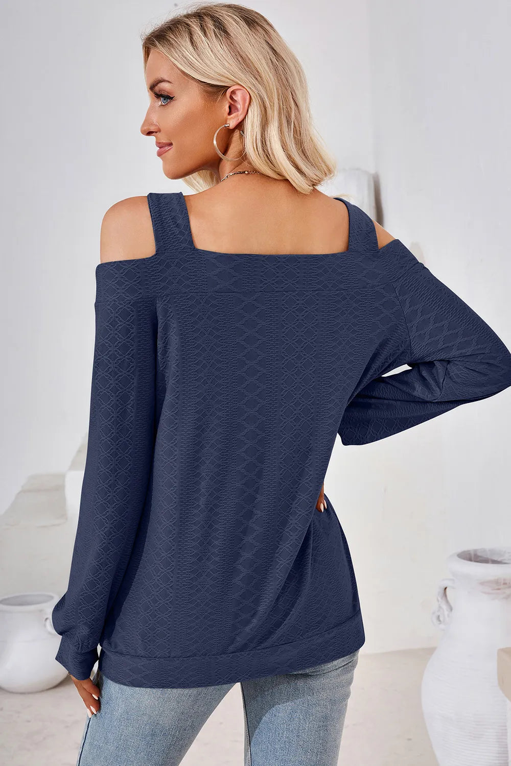 Dark blue long sleeve cold shoulder top featuring square neckline and stylish cut out detail