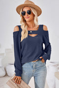 Dark blue cut out square neck cold shoulder top with long sleeves and flattering fitted silhouette