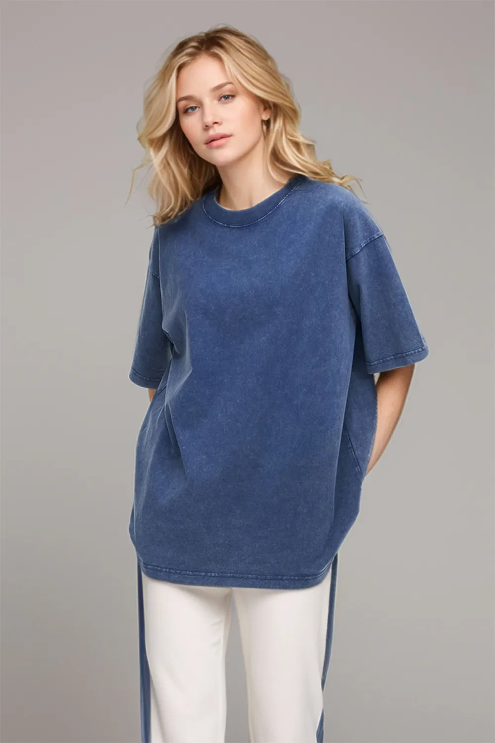 Dusty blue cotton round neck t-shirt angled profile lightweight women's everyday fashion top