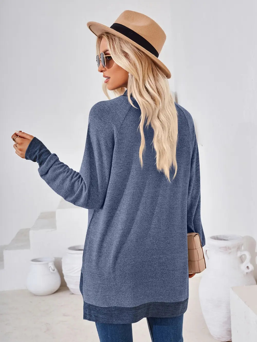 Dusty blue women's mock neck long sleeve top featuring contrast trim and comfortable everyday fit