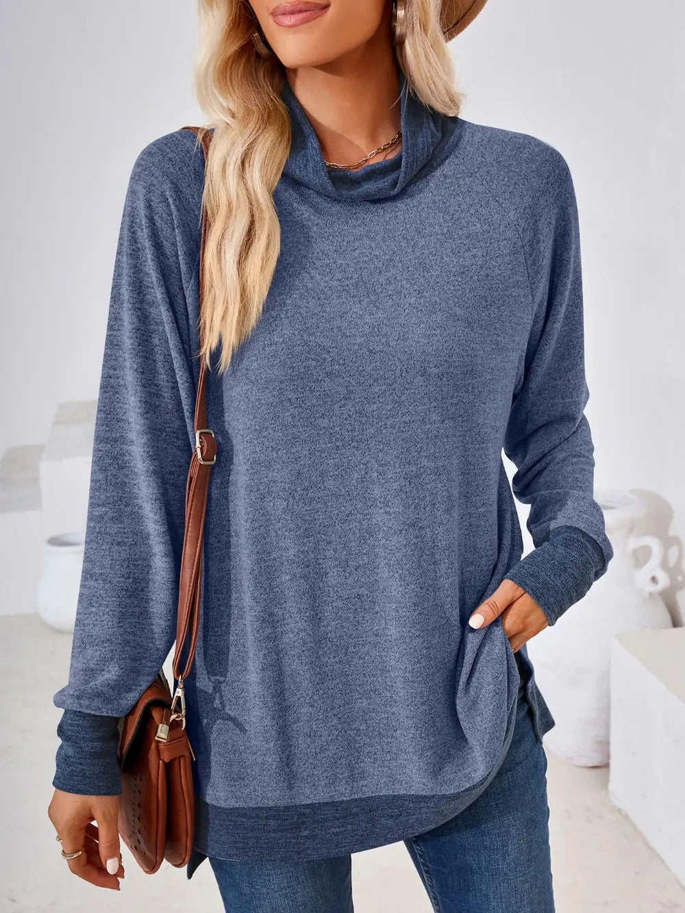 Dusty blue mock neck long sleeve top with contrast trim, soft ribbed texture and comfortable casual fit