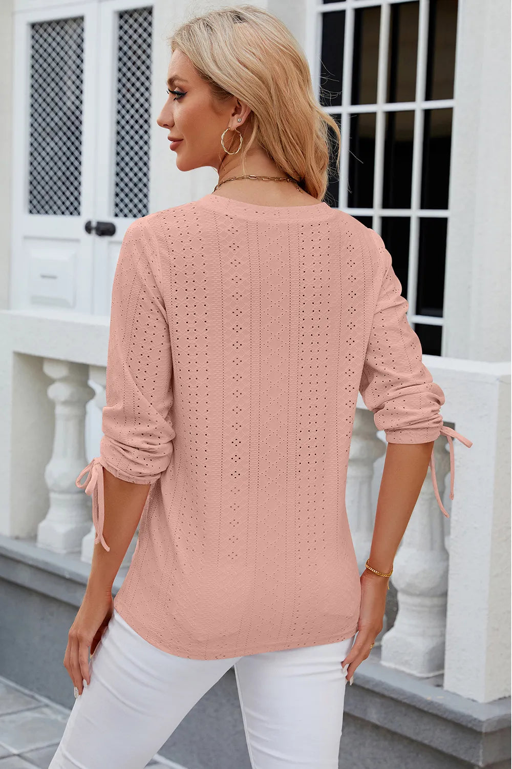 Dusty pink broderie anglaise top with eyelet detailing and lightweight breathable fabric