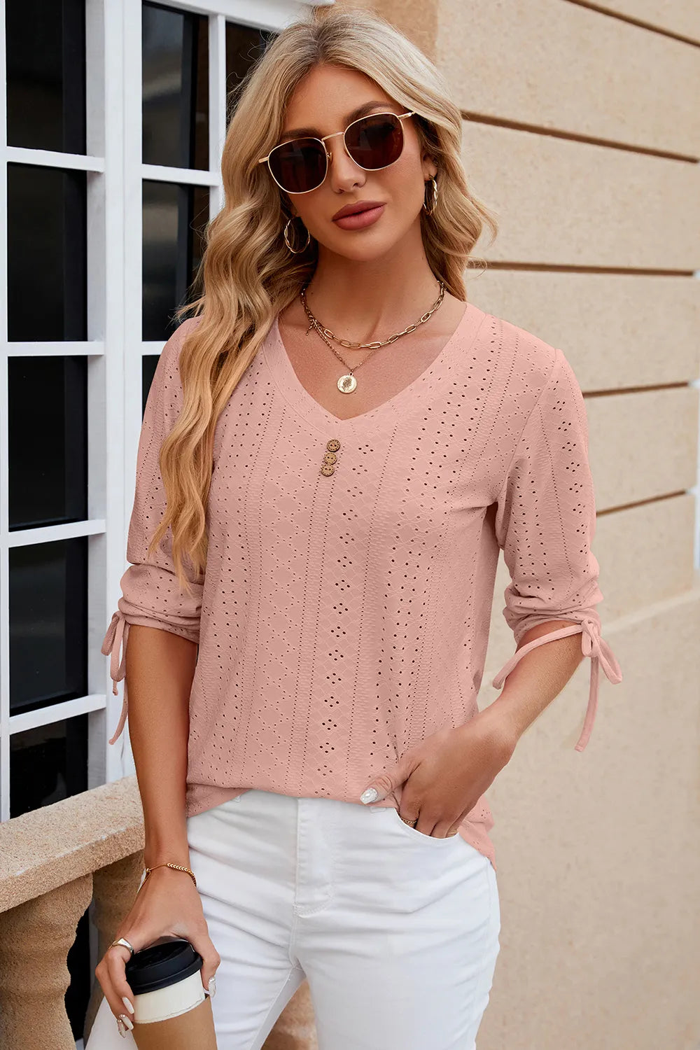 Dusty pink eyelet drawstring V neck top with half sleeves and feminine embroidered details