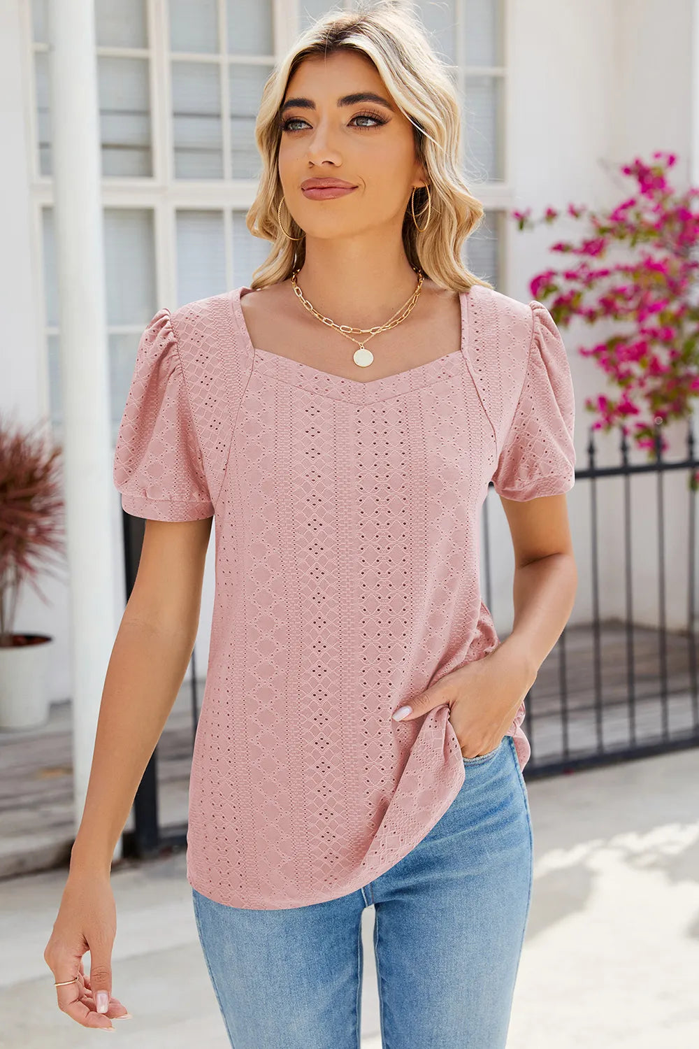 Dusty pink puff sleeve blouse featuring eyelet embroidery and soft breathable fabric
