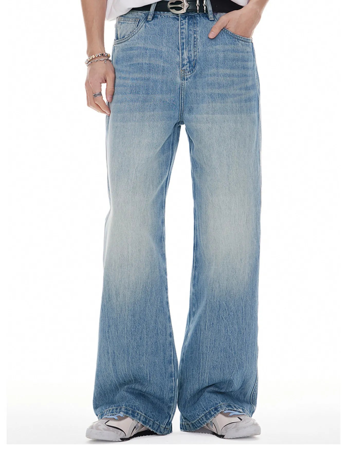 Flared jeans men washed wide leg high waist denim
