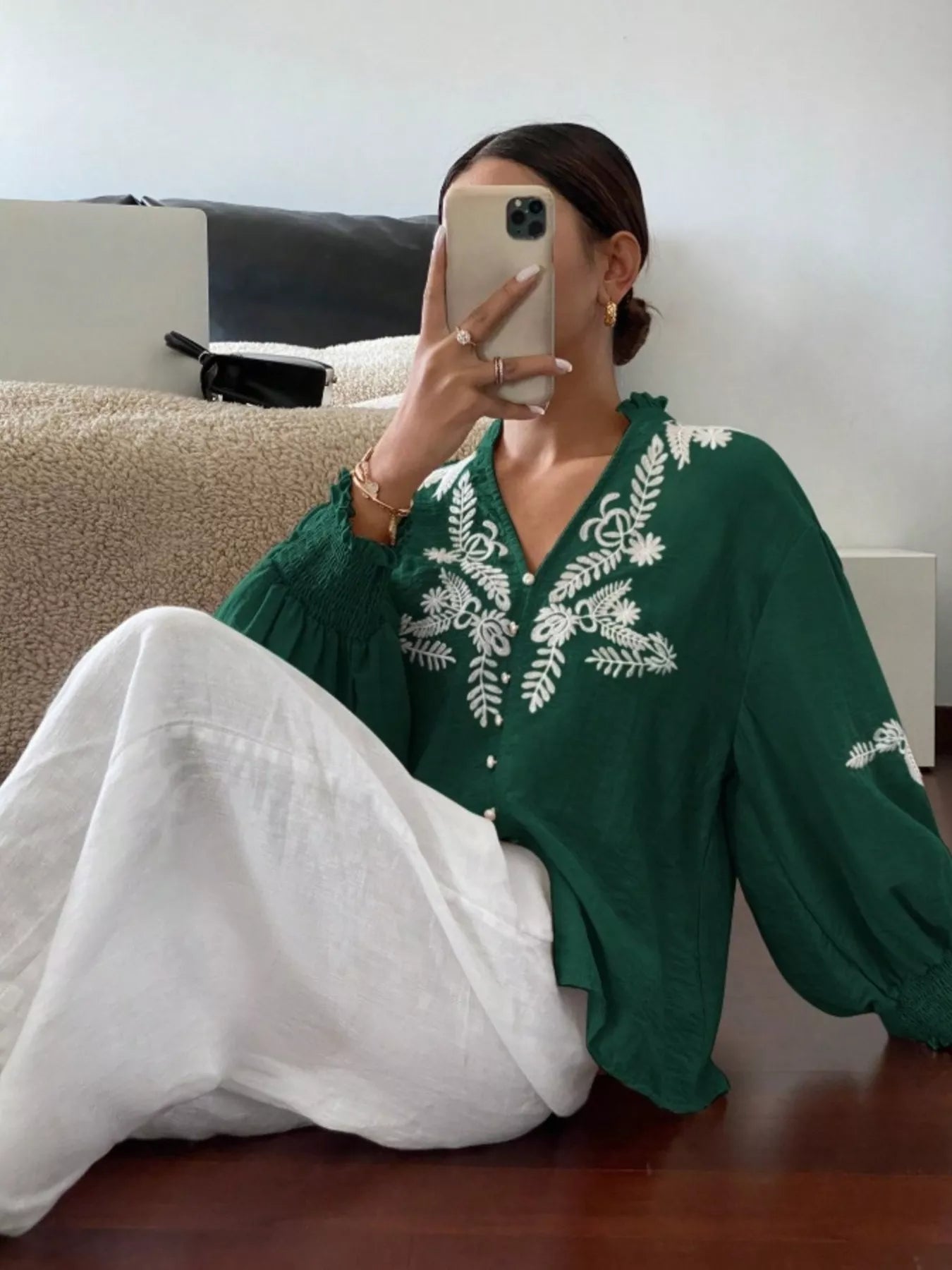 Green embroidered long sleeve blouse side profile comfortable women's fashion piece
