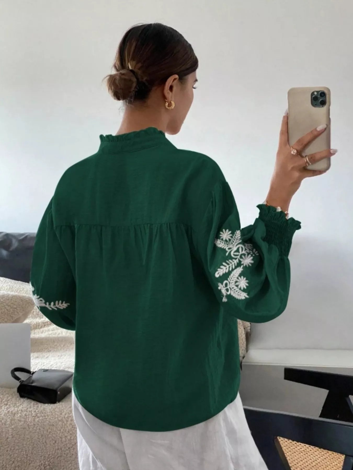 Green embroidered long sleeve blouse back profile comfortable women's fashion piece