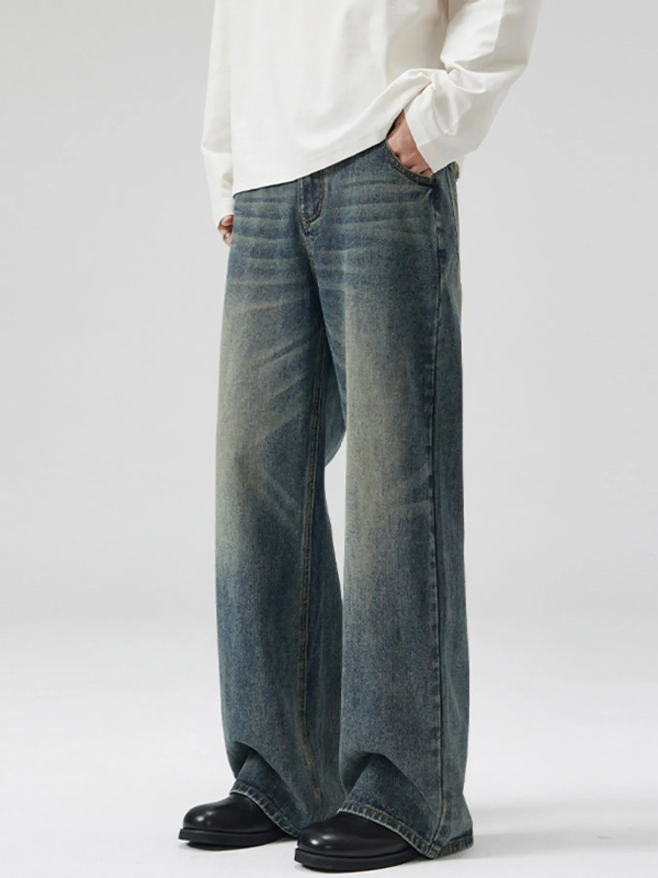 High waist straight leg jeans men's vintage wash denim S to 2XL