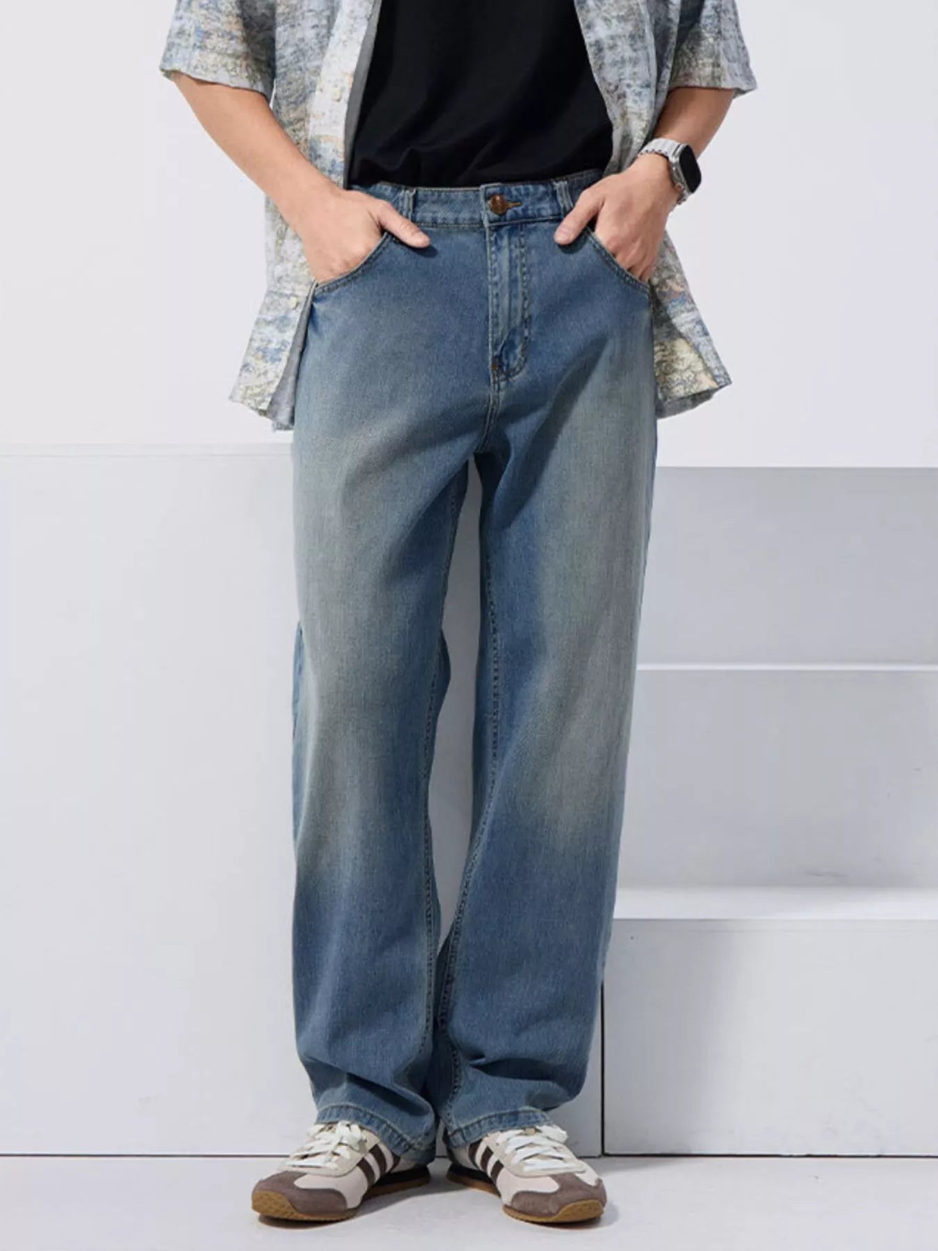 High waisted denim jeans flare men's vintage wash medium blue