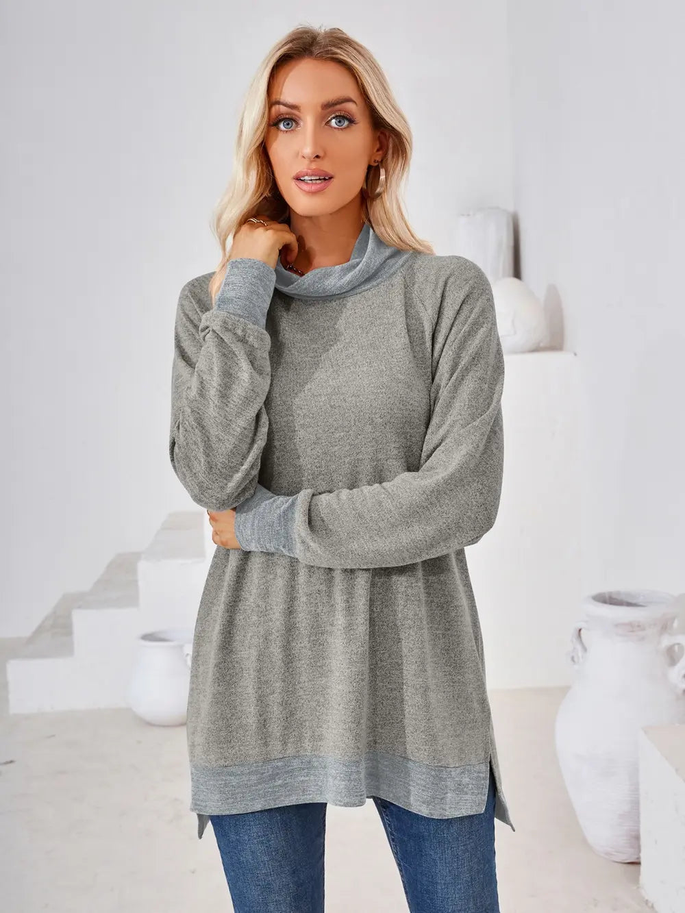 Light gray mock neck long sleeve T-shirt with contrast trim and versatile casual design