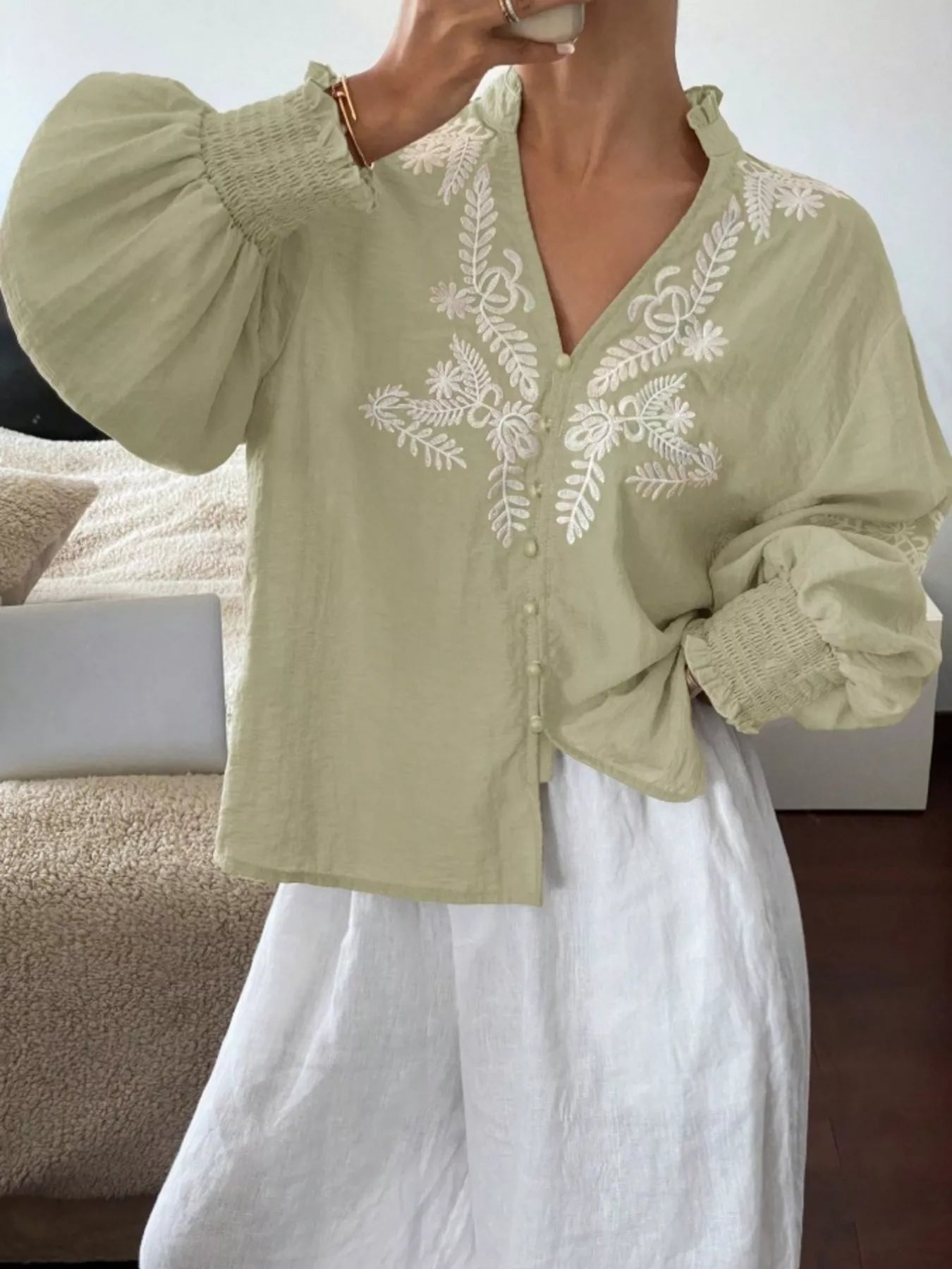 Light green embroidered button front long sleeve blouse front view elegant women's everyday fashion