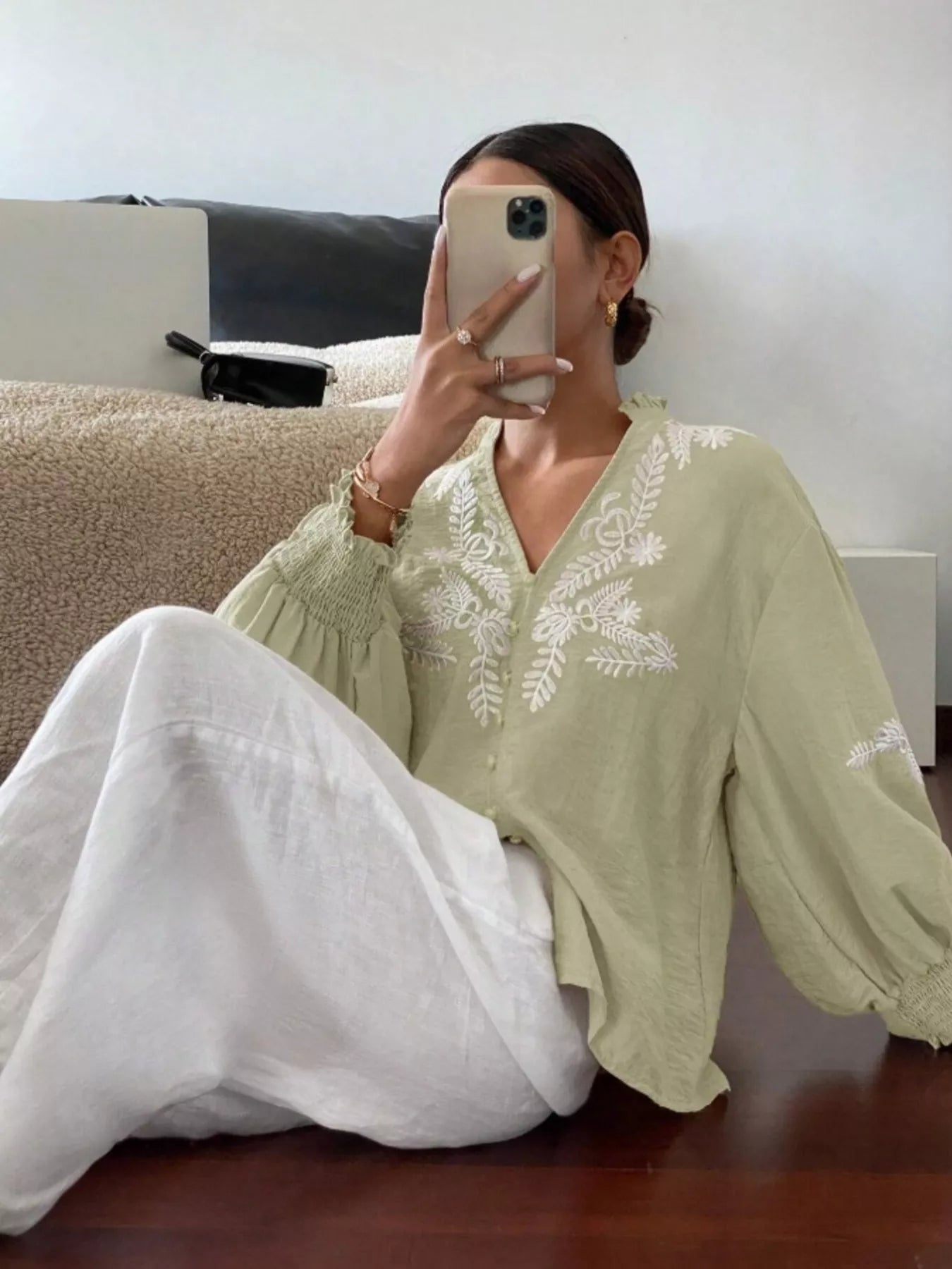 Light green embroidered blouse side profile relaxed fit women's stylish top