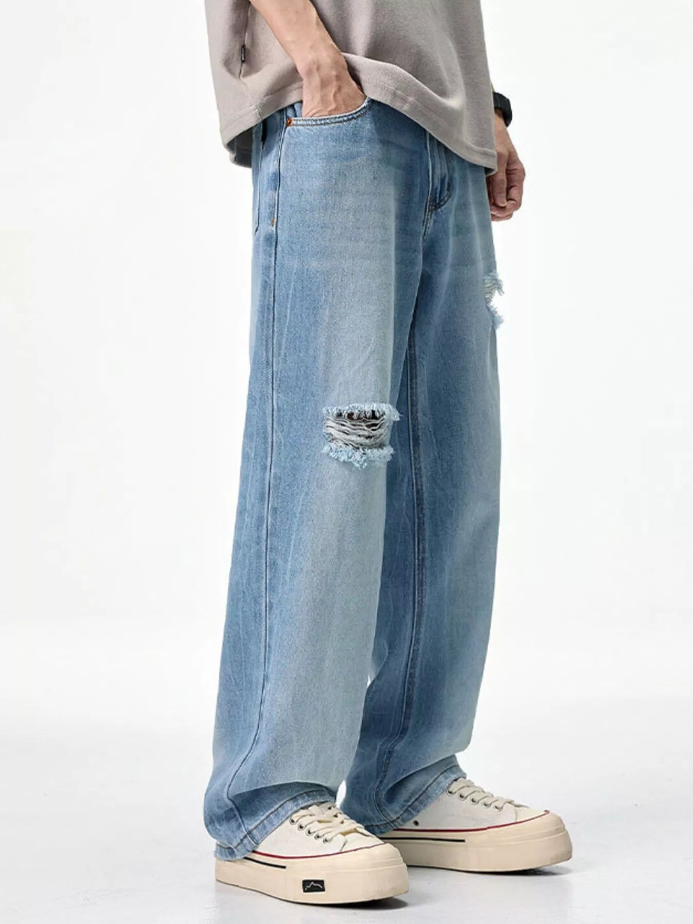 Male ripped skinny jeans distressed washed denim