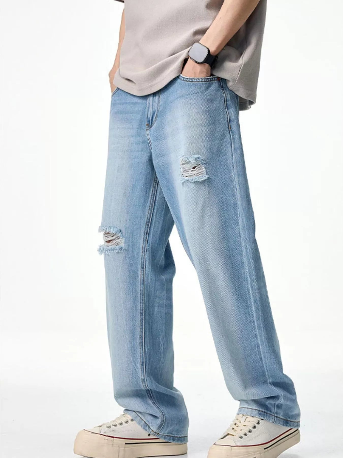 Male ripped skinny jeans distressed washed denim