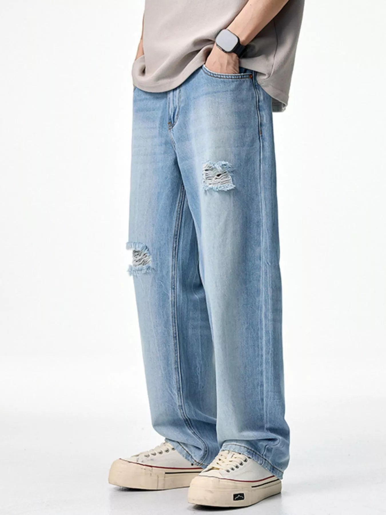 Male ripped skinny jeans distressed washed denim