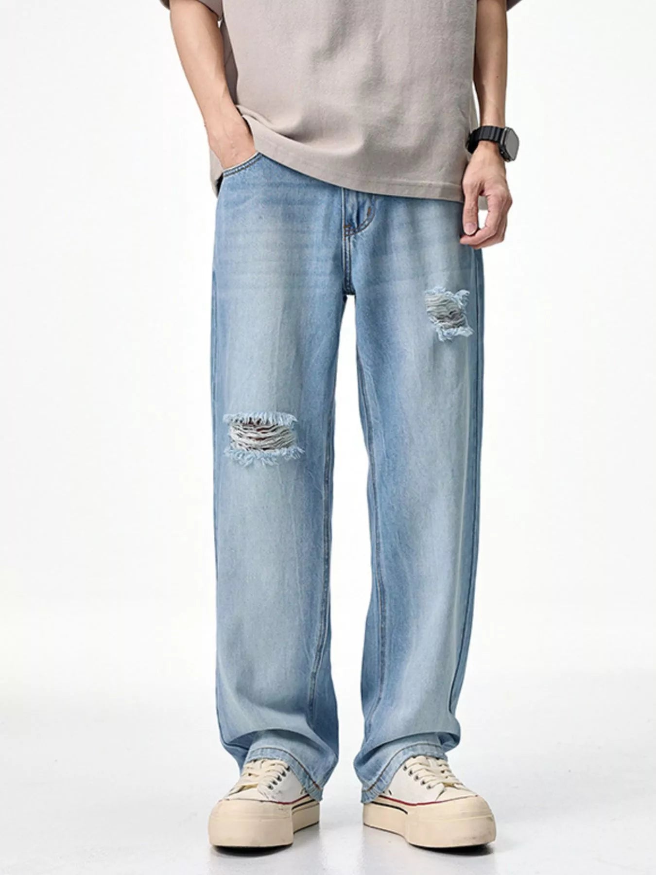 Male ripped skinny jeans distressed washed denim