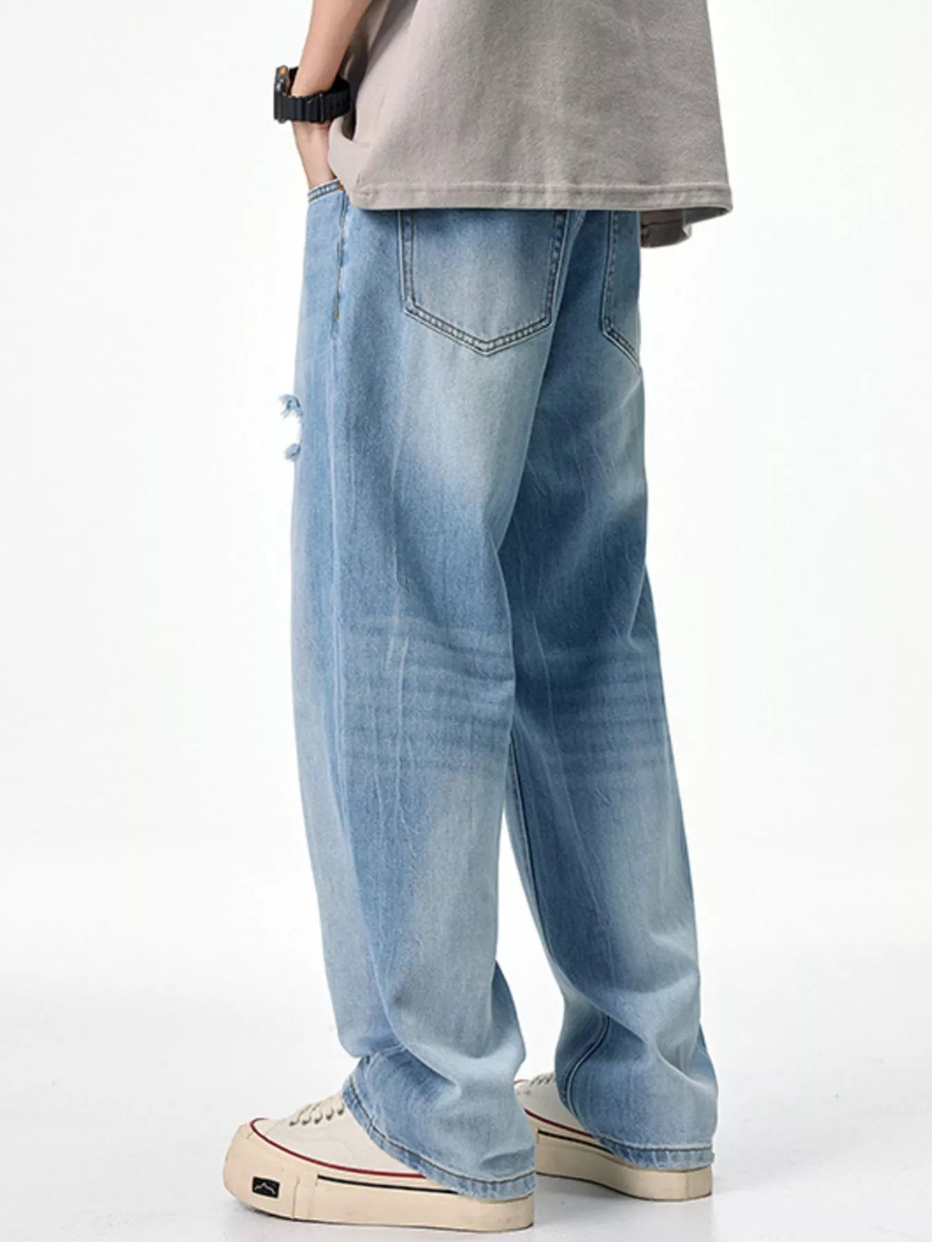 Male ripped skinny jeans distressed washed denim