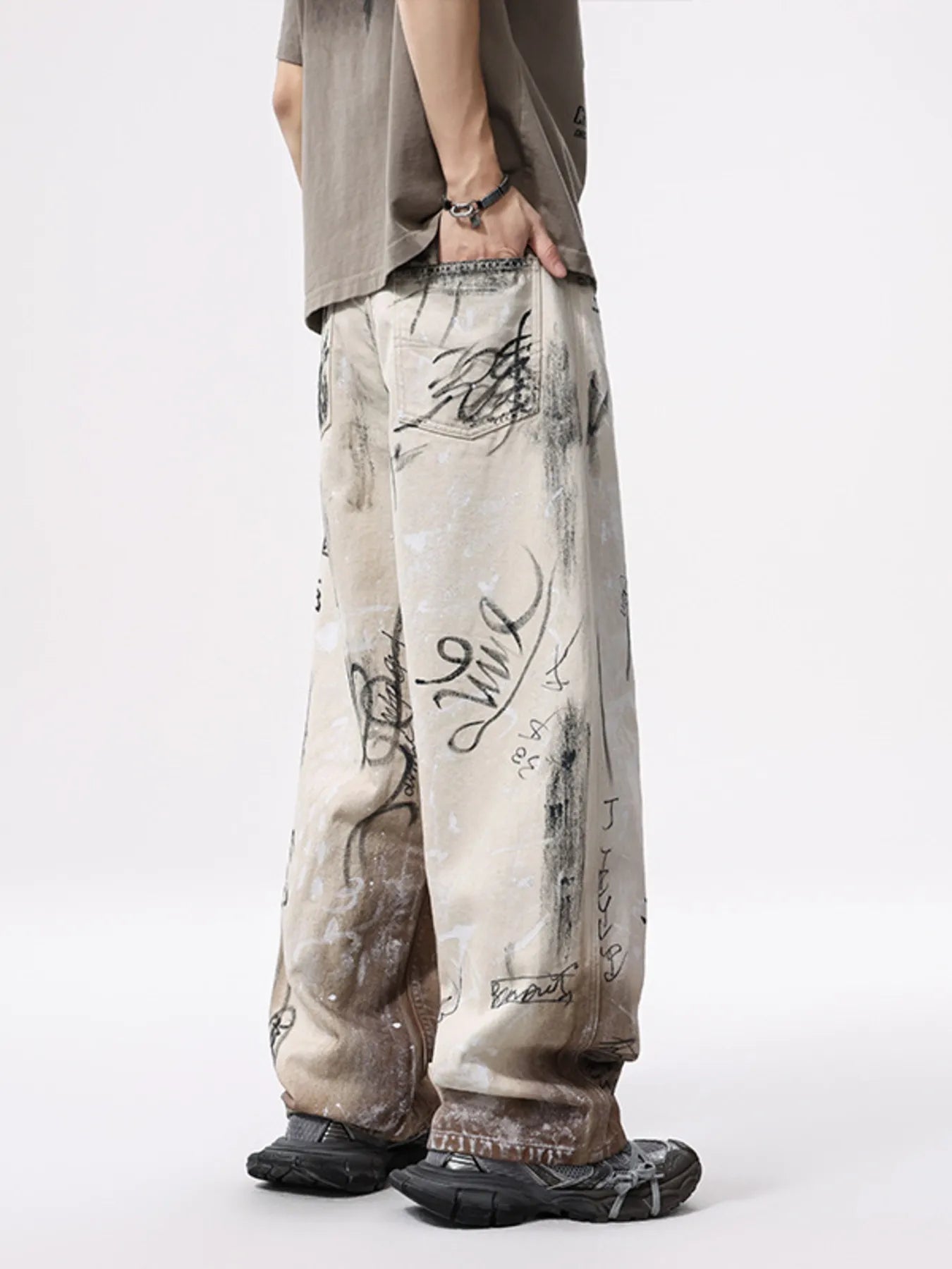 Men's cargo jeans off white graffiti print wide leg denim