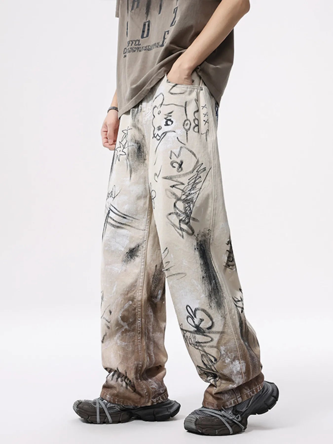 Men's cargo jeans off white graffiti print wide leg denim